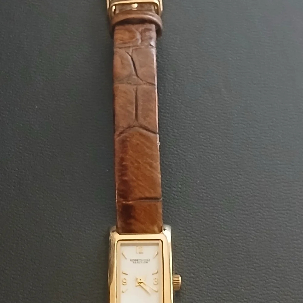 Vintage Genuine Leather Watch KENNETH COLE Women's Brown Rectangle Face Dainty